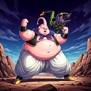 Really fat majin buu fighting perfecter cell with a fat beerus falling ontop of them from dbz'