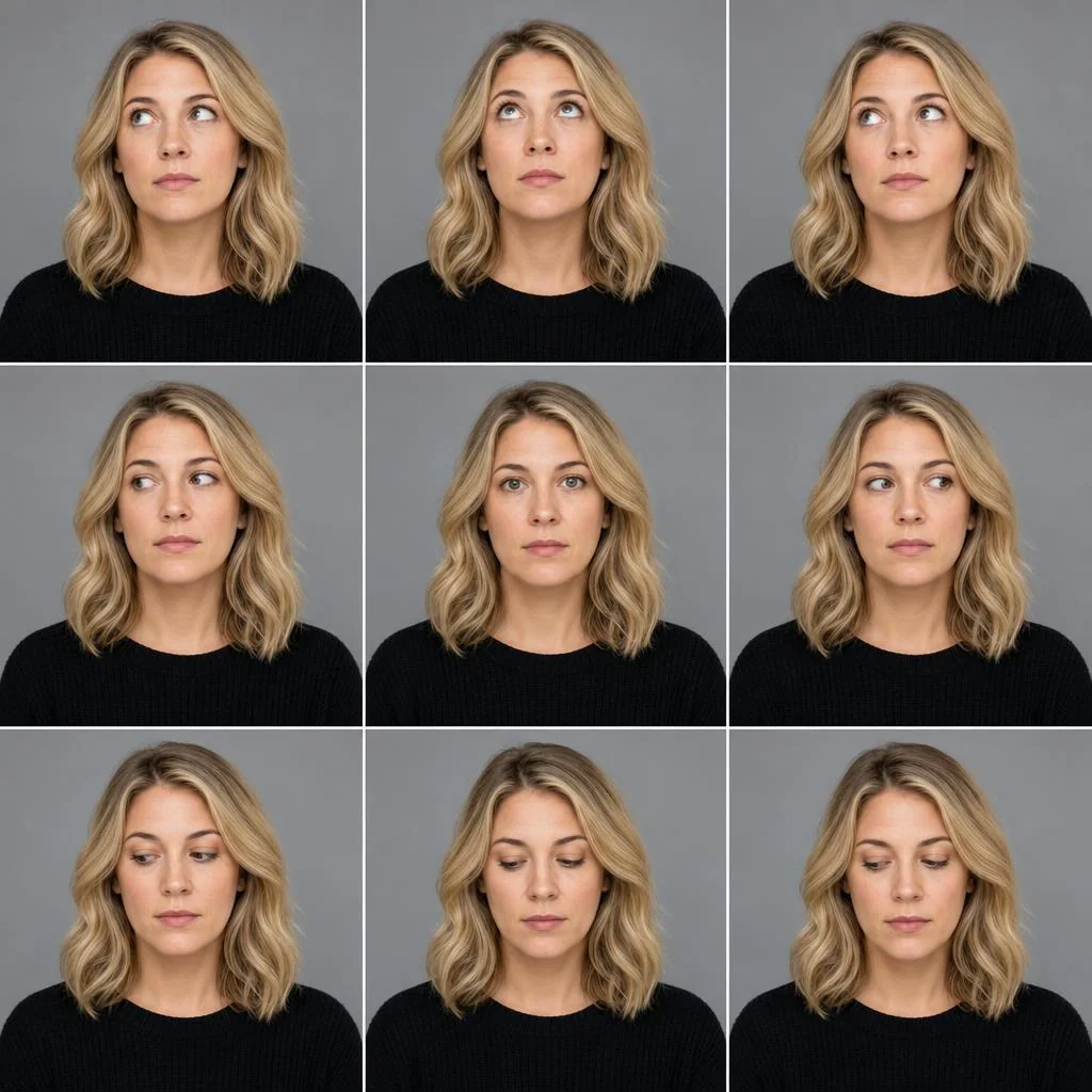 GPT Image vs Nano Banana Pro on the same 9 gaze direction test — honest comparison picture 1 of 2