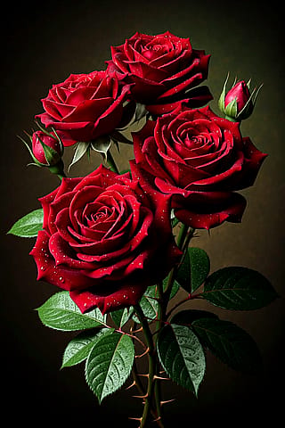So real you can almost smell them. Deep crimson roses, fully bloomed, velvety layered petals, water droplets, green buds, glossy leaves, thorns'
