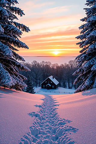 Winter landscape, deep snow, golden hour sunrise/sunset.'