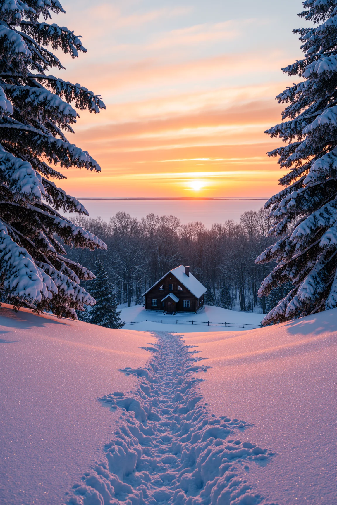 Winter landscape, deep snow, golden hour sunrise/sunset. picture 1 of 1