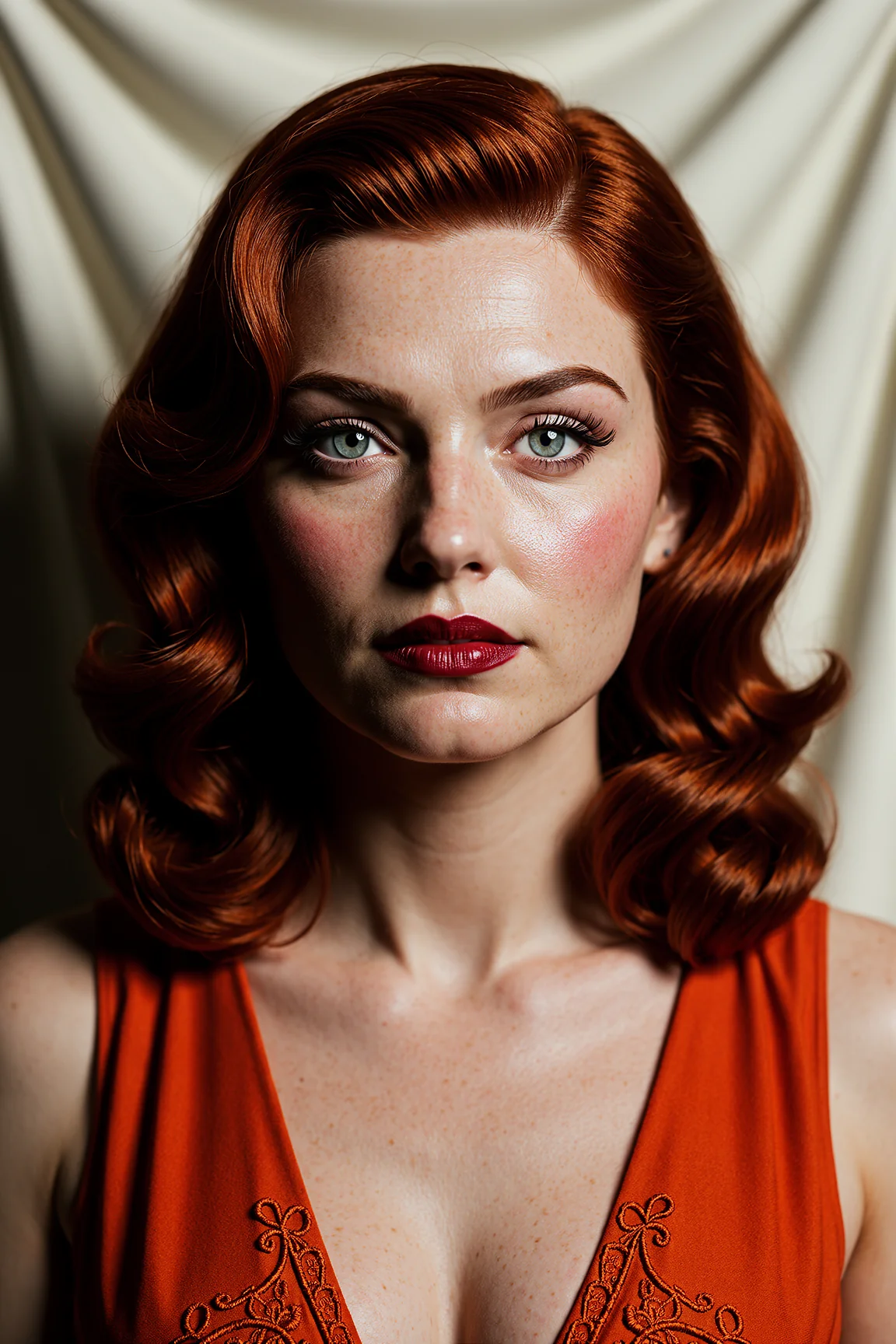 Subject: 1940s Hollywood glamour, copper-red hair, finger waves, pale warm skin, gray-green eyes, matte crimson lips. Skin Texture: Visible pores, freckles, rosy cheeks, natural imperfections, no plastic sheen. picture 1 of 1