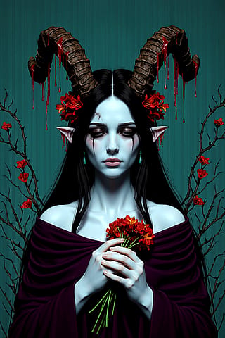 Gothic fantasy, dark folklore, tragic beauty, cinematic hyper-realism, 8K.'