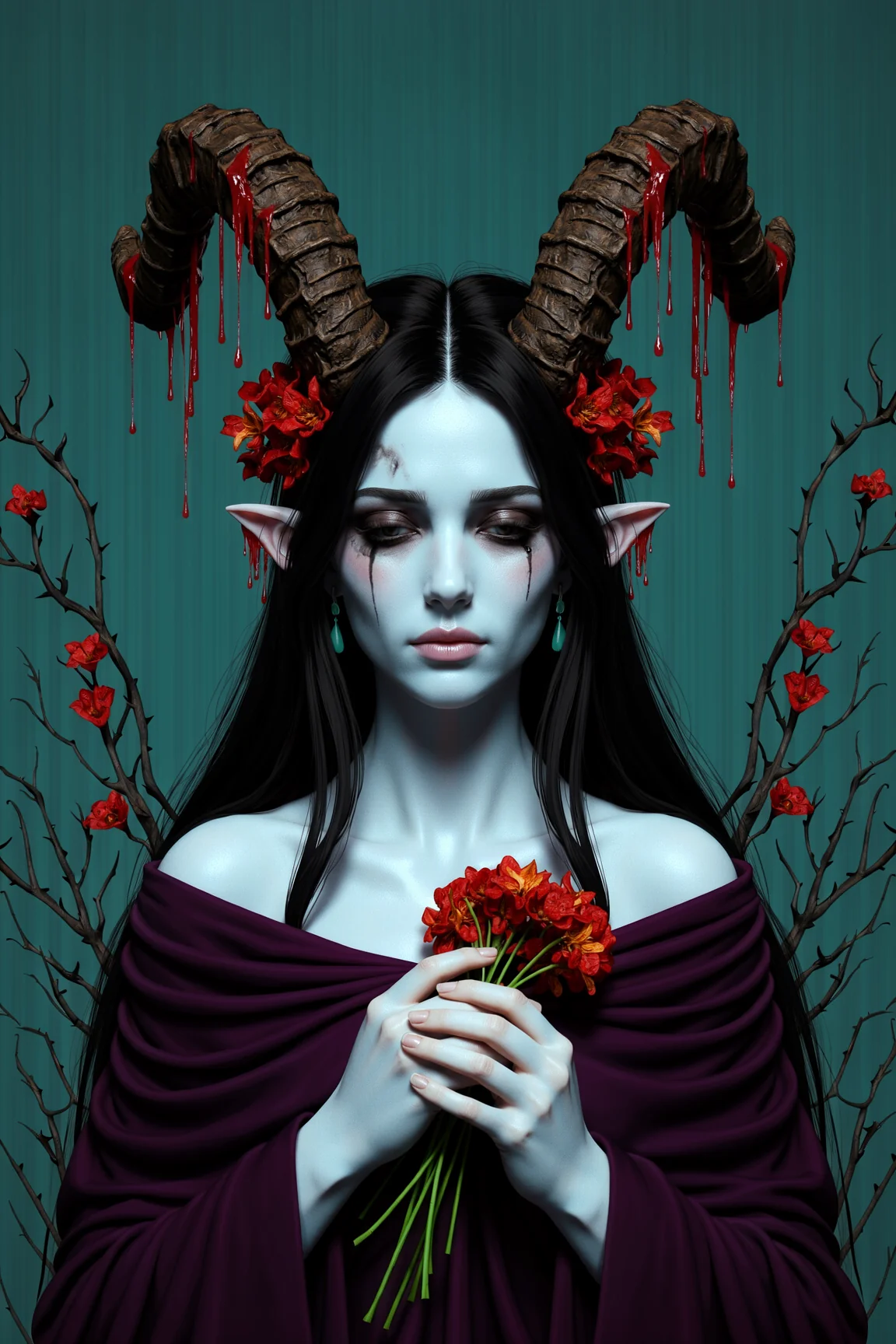 Gothic fantasy, dark folklore, tragic beauty, cinematic hyper-realism, 8K. picture 1 of 1