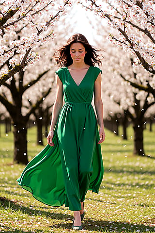 Originally an oil painting, reworded prompt to bring it to life. Hyper-realistic fashion photography, photorealistic, cinematic, 8K, romantic palette.'