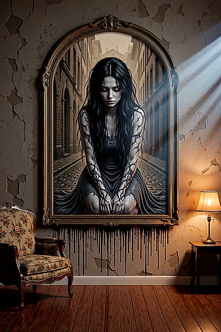 Haunting mural, sorrowful woman, long black hair, pale skin, tattered charcoal gown, dark lace veins.'