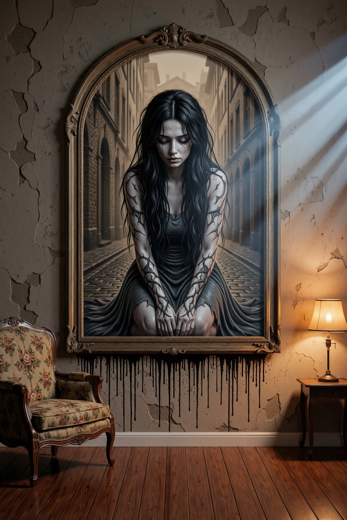 Haunting mural, sorrowful woman, long black hair, pale skin, tattered charcoal gown, dark lace veins. picture 1 of 1