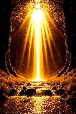 radiant, golden forest scene'
