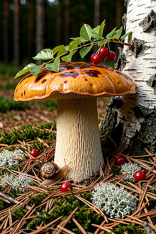 Large mushroom, caramel-brown cap, glossy wet surface, pale beige ridged stem.'