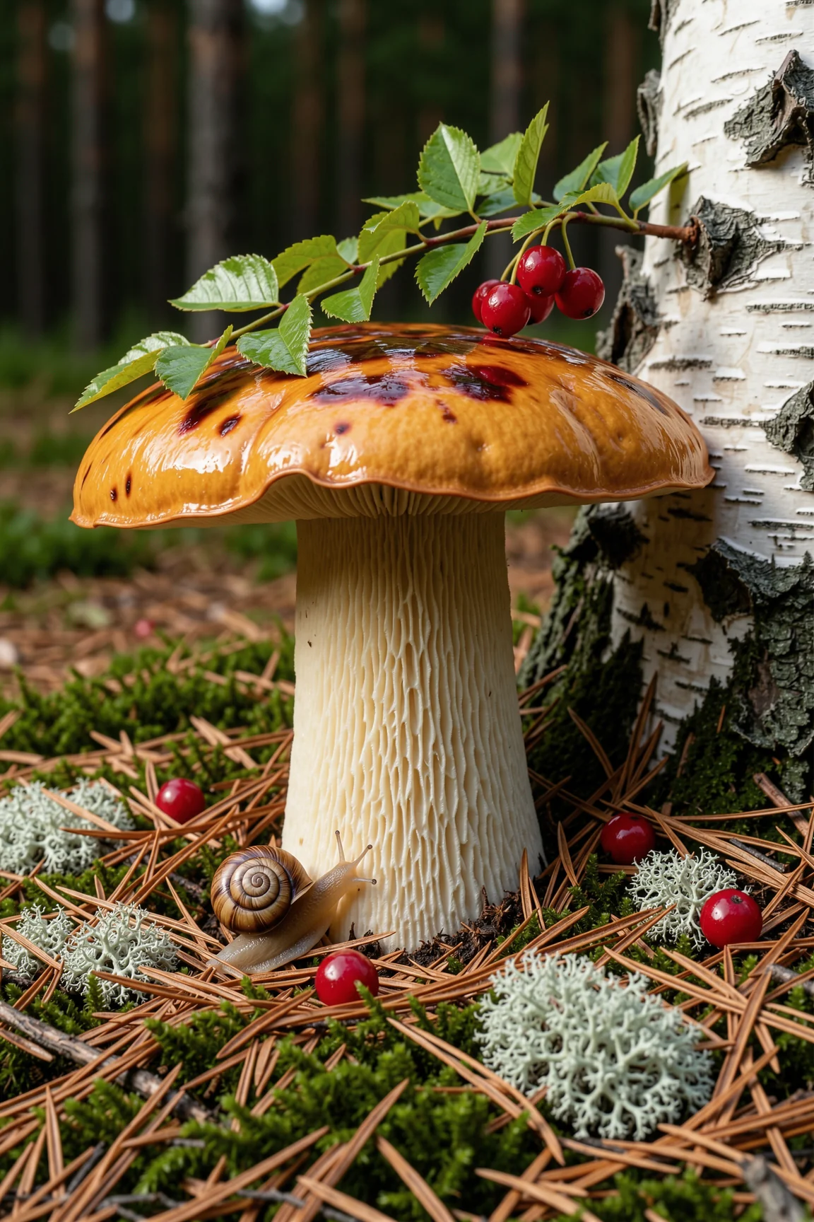 Large mushroom, caramel-brown cap, glossy wet surface, pale beige ridged stem. picture 1 of 1