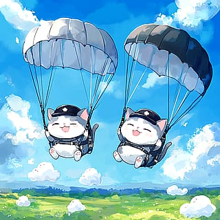 Two Cats Soaring Through the Sky with the Parachutes'