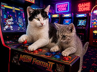 Two of our cats at an arcade.'