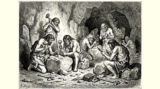 19th Century Black-and-White wood engraving illustration of prehistoric Stone-Age humans crafting primitive tools - with AI Prompts'