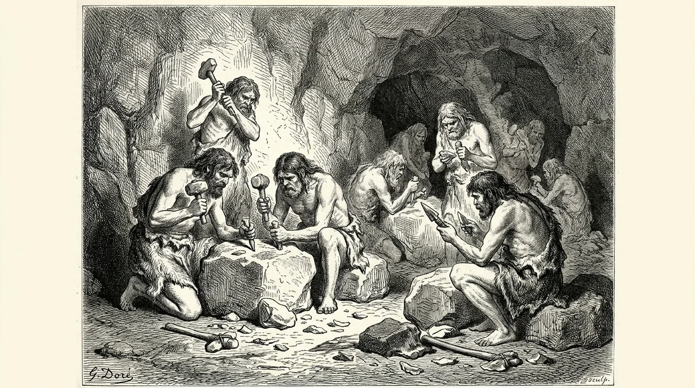 19th Century Black-and-White wood engraving illustration of prehistoric Stone-Age humans crafting primitive tools - with AI Prompts picture 1 of 4