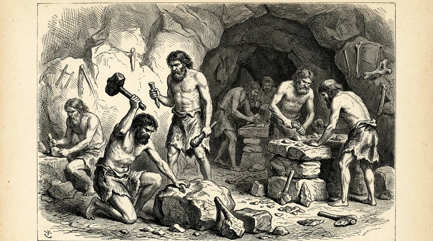 19th Century Black-and-White wood engraving illustration of prehistoric Stone-Age humans crafting primitive tools - with AI Prompts picture 2 of 4