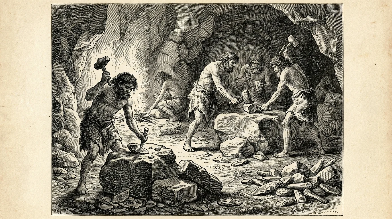 19th Century Black-and-White wood engraving illustration of prehistoric Stone-Age humans crafting primitive tools - with AI Prompts picture 3 of 4