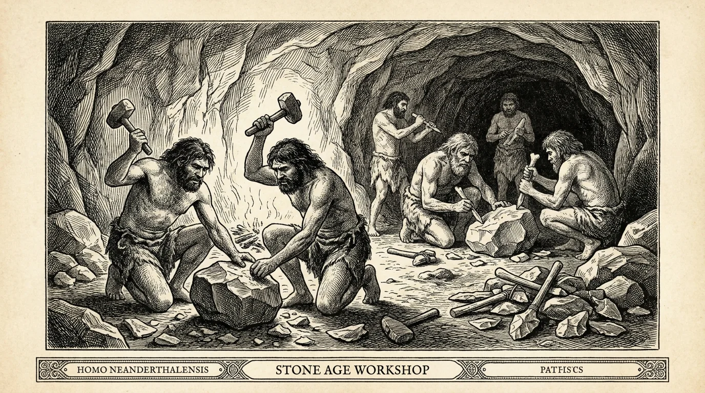 19th Century Black-and-White wood engraving illustration of prehistoric Stone-Age humans crafting primitive tools - with AI Prompts picture 4 of 4