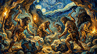 Vincent van Gogh style painting of prehistoric Stone Age humans crafting primitive tools - AI Tools'