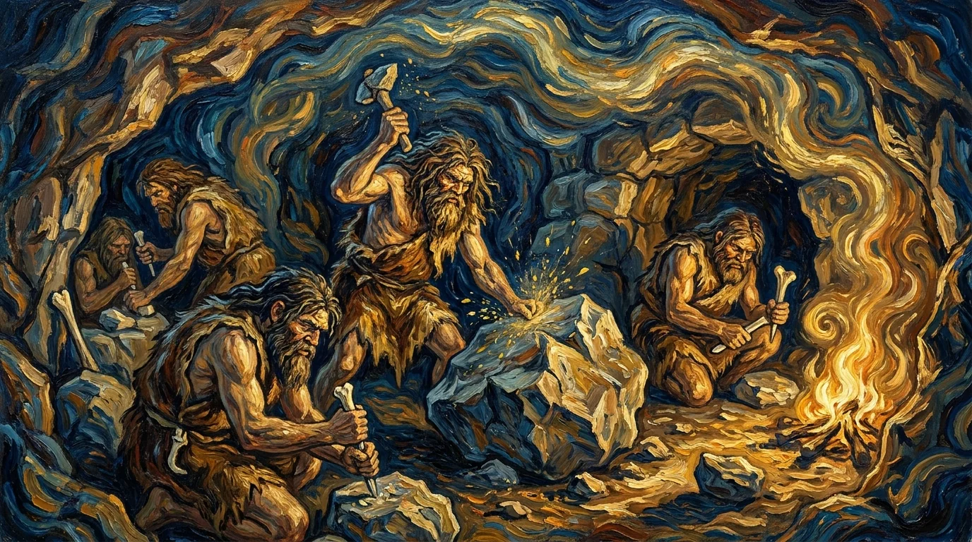Vincent van Gogh style painting of prehistoric Stone Age humans crafting primitive tools - AI Tools picture 2 of 4