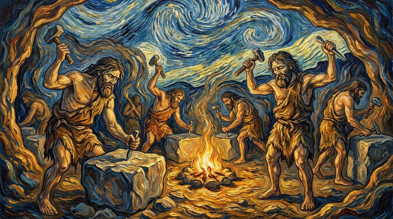 Vincent van Gogh style painting of prehistoric Stone Age humans crafting primitive tools - AI Tools picture 3 of 4