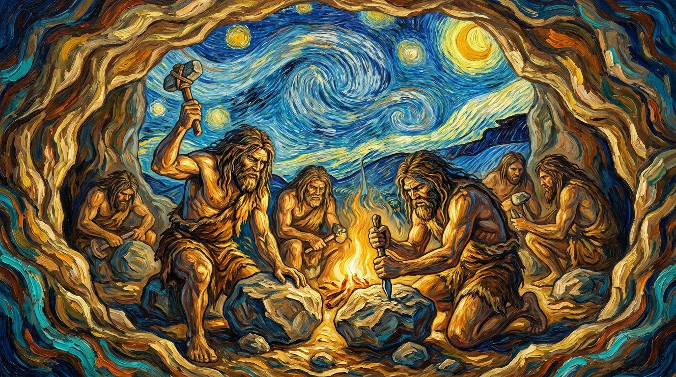 Vincent van Gogh style painting of prehistoric Stone Age humans crafting primitive tools - AI Tools picture 4 of 4