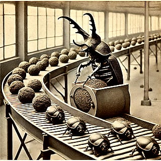 Dung beetles industrialize, c. 1870'