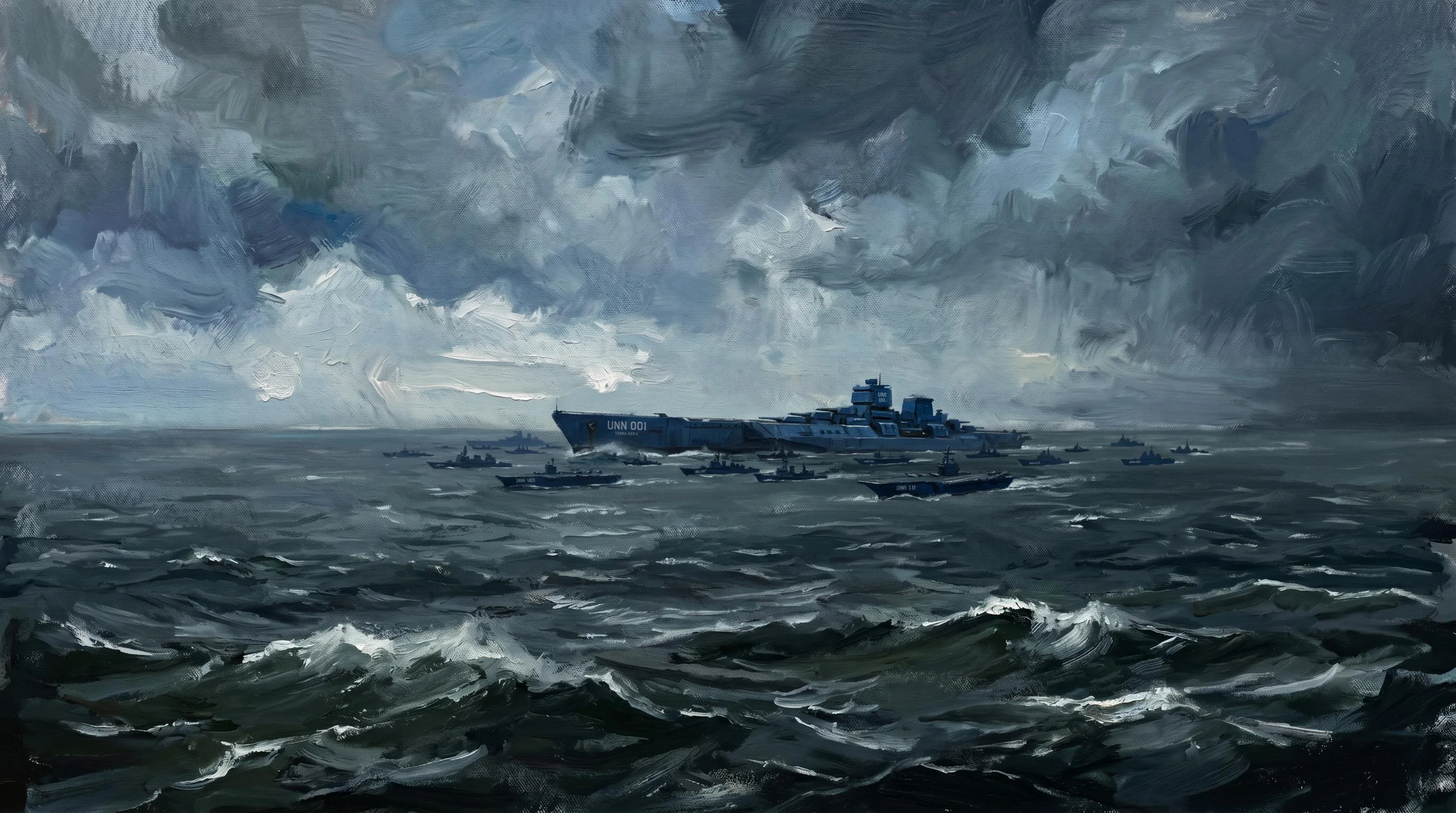 ALT 20XX - United Nations Navy Super Battleship 001 redeploying through the pacific to another pacification mission. Escorted by US carrier group. picture 1 of 1