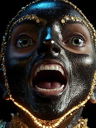 Gold eyes glow black mask screams'