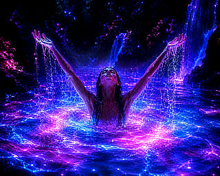 Pond image in blue purple and pink'