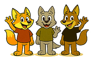 2D cartoon animals. Fox, wolf, and coyote.'
