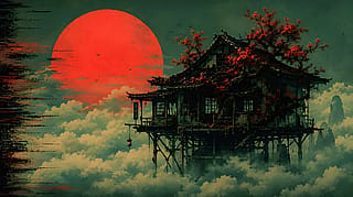 Floating Wooden House Red Sun Lo-Fi Art'