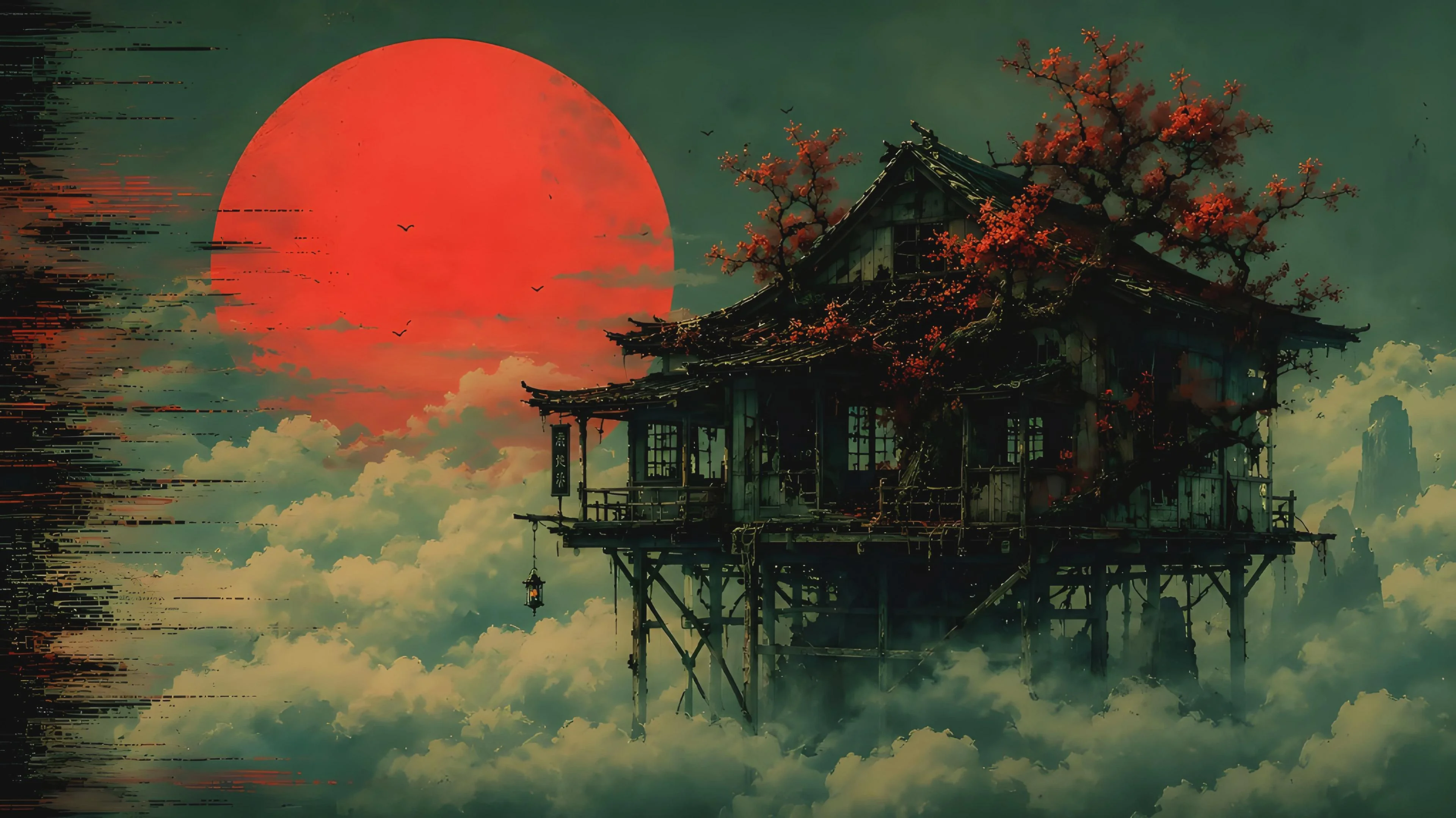 Floating Wooden House Red Sun Lo-Fi Art picture 1 of 1