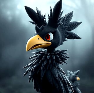 A crow in an anime/cartoon style with a wacky hairstyle'