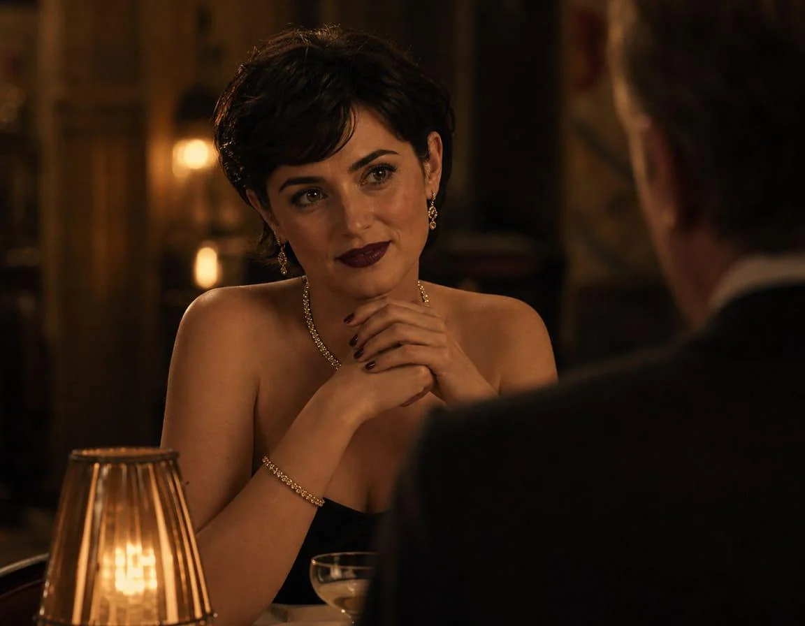 Woman listening to her dinner companion explain what he does for a living. picture 1 of 1