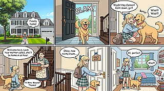 Leah arriving home from school'