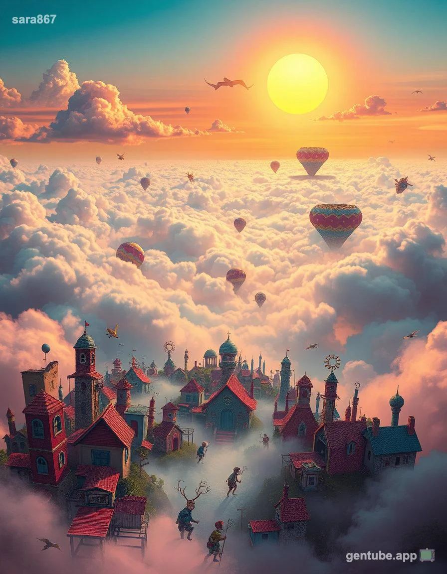 What Tiny World Floats Above the Clouds at Dusk? ☁️🎈 picture 1 of 1
