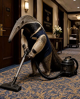 Anteater vacuums a hotel lobby'
