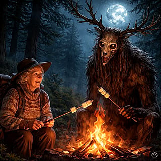 Wendigo and Granny roasting marshmallows'