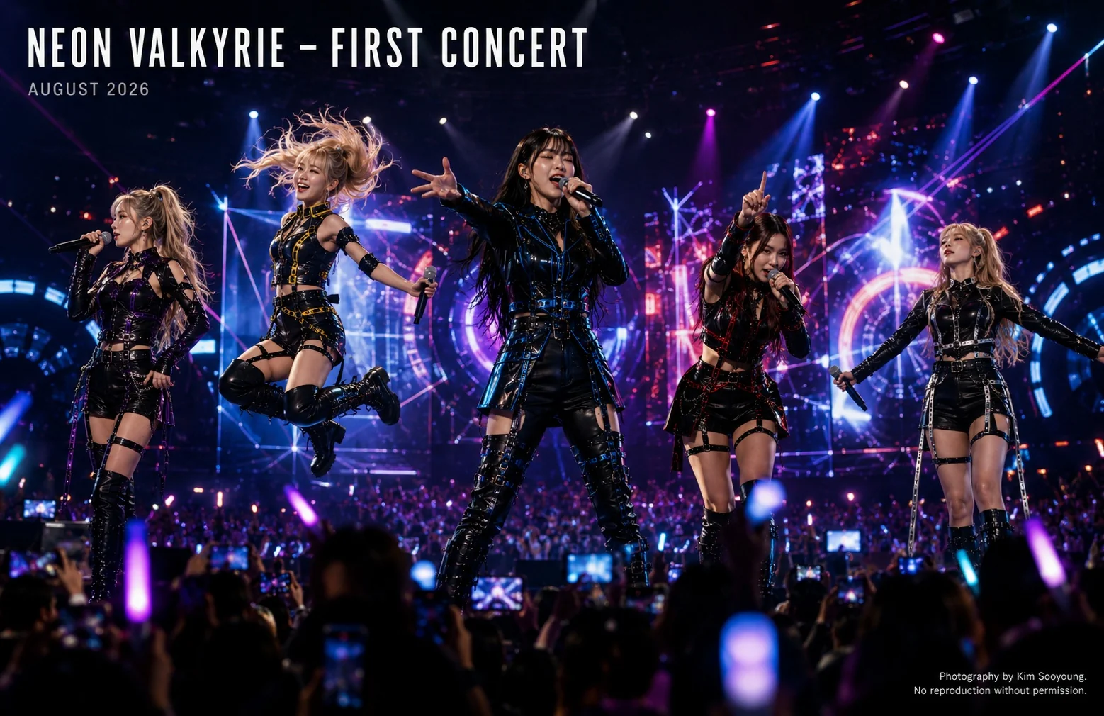 A fictional orchestral kpop band (네온 발키리 (Neon Valkyrie)) I created for fun, and their fictional promotional material picture 5 of 20