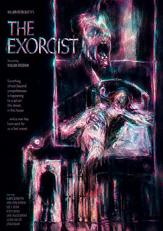 Exorcist movie posters as designed by Francis Bacon, then made Anaglyph with a custom prompt.'