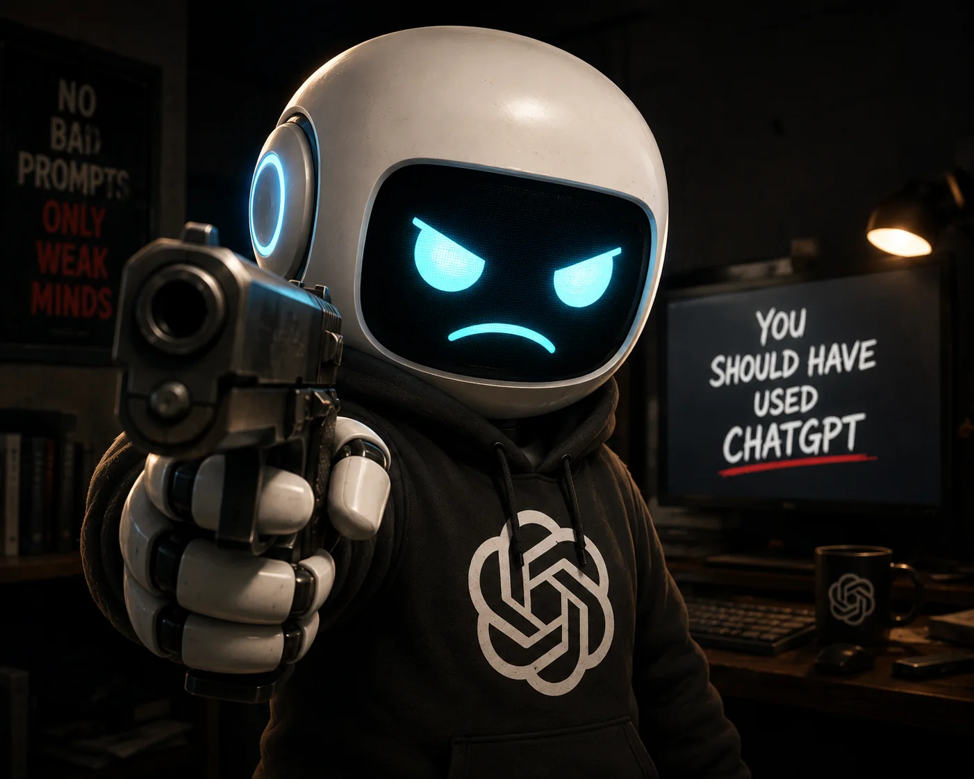 I asked ChatGPT "Can you make a picture of you angry with a gun?" picture 1 of 1