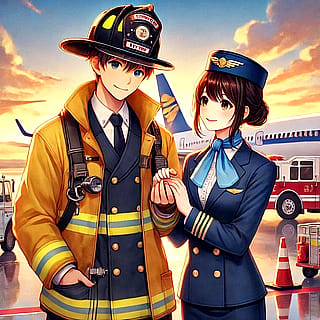 Firefighter and flight attendant love (anime style)'