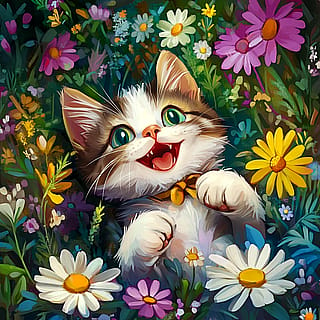 A Cat Surrounded by Flowers'