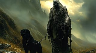 Death taking his dog for a walk'