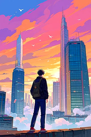 A set of sunset anime AI art suitable for mobile phone wallpapers'