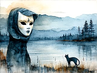 a true mask of lonelines layered on top of a Canadian watercolour scene with a Saskatchewan flair and a subtle black cat'