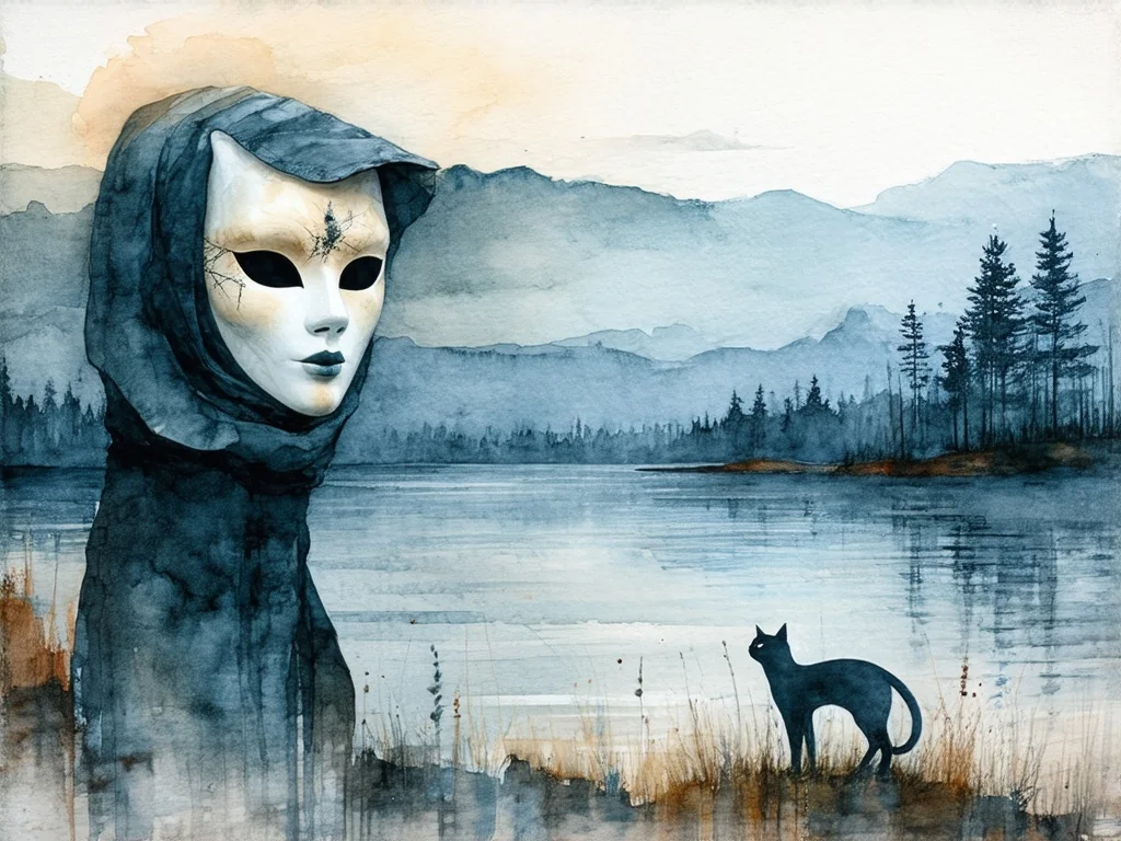 a true mask of lonelines layered on top of a Canadian watercolour scene with a Saskatchewan flair and a subtle black cat picture 1 of 2