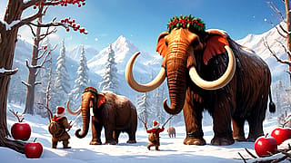 Prehistoric People with Mammoths Celebrating Christmas'