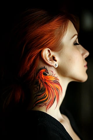 Fiery Phoenix neck tattoo'