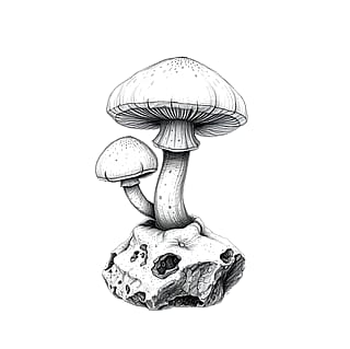 Sketch of mushrooms growing out of a rock'